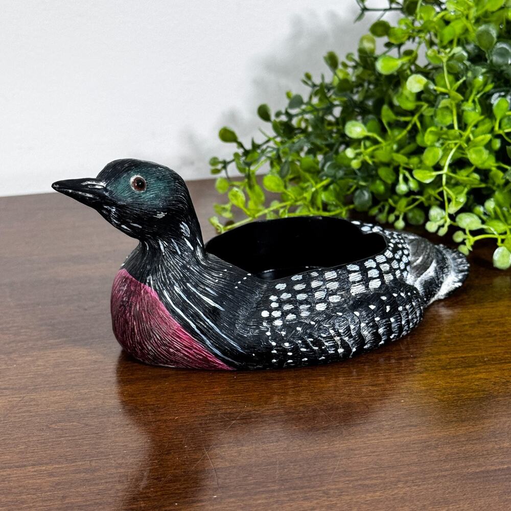 Vintage Loon Bird Candle Holder Hand Painted Black White Red Decorative Wildlife